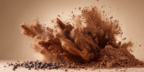 Explosive Cocoa Delights: Witness the dynamic burst of cocoa powder, a captivating spectacle of flavor. A rich chocolate brown cloud of powder is suspended mid-air, a visual feast for the senses.
