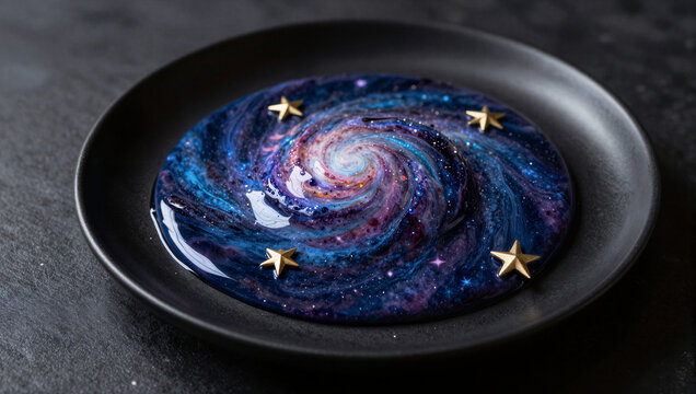 Cosmic dessert creation kitchen food art dark background top-down view galaxy concept for culinary delight