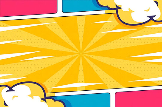 Yellow Comic Panel with Clouds and Rays background