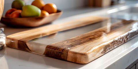 Rustic Wooden Board with Fruits: Capturing the simple elegance of a rustic wooden board, a bowl of fresh fruit, illuminated by the warm light of the afternoon.