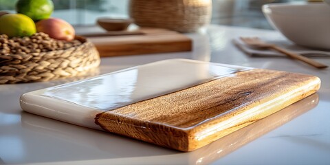 Culinary Craft: A close-up shot of a unique wooden cutting board with a modern design, paired with fresh fruits and kitchen utensils, inviting to culinary experience.
