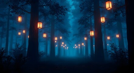 Magical forest path illuminated by lanterns at night