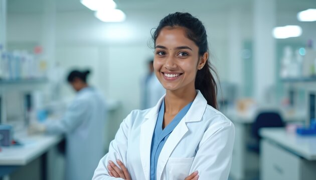 Smiling indian female student in lab coat poses arms crossed in modern lab. Other scientists work in background. Research, study, healthcare, medical career.