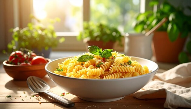 Bowl of fusilli pasta with basil garnish