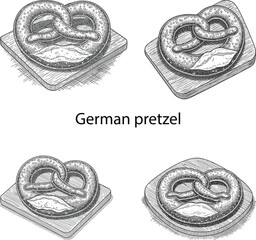 Obraz premium Vintage engraved German pretzel food icon set featuring detailed salty bread texture on rustic wooden serving boards