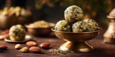 Gourmet Treats: An enticing close-up of a group of meticulously crafted culinary delights, elegantly presented in a classic serving bowl amidst a rustic setting.