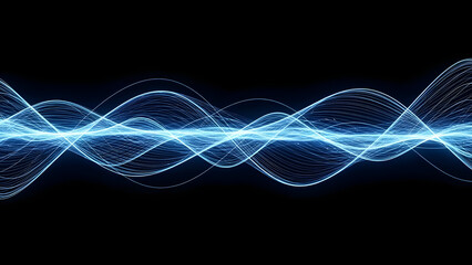 Abstract glowing blue wave pattern representing energy, data transmission, or sound frequency on dark background. isolated on white background