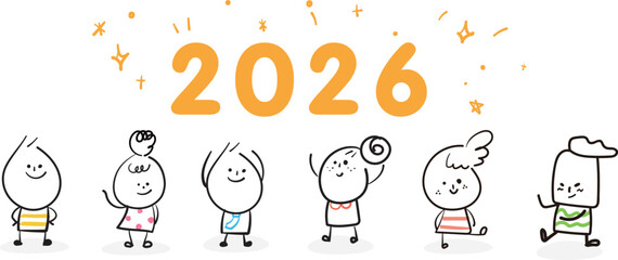 (Happy Holiday Xmas, gifts) 2026 hand drawn party icons. Vector illustration.