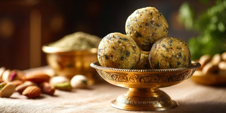 Exquisite Delicacies: Close-up of meticulously arranged golden-hued energy balls, a feast for the eyes and the palate, inviting indulgence and offering a glimpse into a world of culinary artistry.