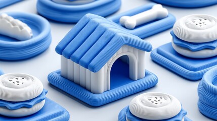 3D rendered illustration of dog-related objects in blue and white, creating a cute minimalist scene