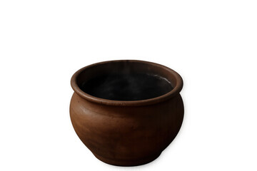 Clay pot with hot dark liquid steaming on transparent background, traditional earthenware cooking vessel