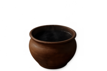 Clay pot with hot dark liquid steaming on transparent background, traditional earthenware cooking vessel
