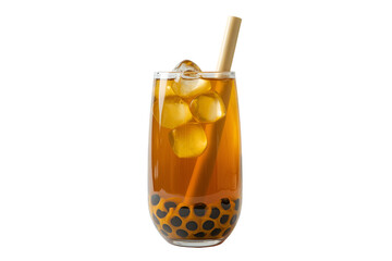 Refreshing bubble tea with tapioca pearls and straw isolated on transparent background
