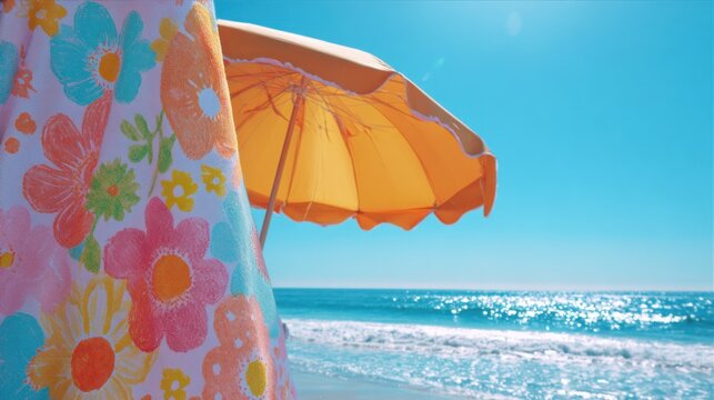 A colorful floral towel is draped nearby on the sand with an orange umbrella providing shade as gentle waves crash on a sunny beach. The sky is bright blue creating a cheerful atmosphere.
