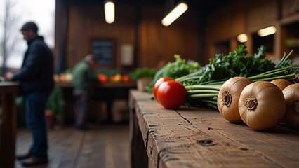 Winter vegetables with herbs on rustic wooden counter in local farmer market