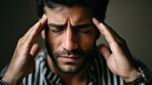 Emotional man with striped shirt struggling with stress and anxiety in a calm environment