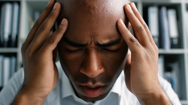 Stressed businessman in office feeling overwhelmed by workload and pressure