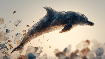 Dolphin leaping from ocean made of plastic waste at sunset.
