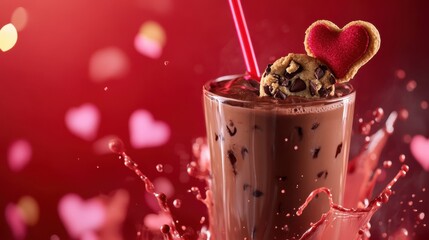 A delightful chocolate milkshake adorned with a heartshaped cookie, perfect for valentines day, set against a romantic red backdrop with hearts