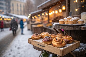 Fresh pastries on a rustic tray at a snowy winter market