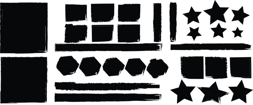 Grunge texture collection black abstract geometric shapes and star elements for creative design projects and overlays