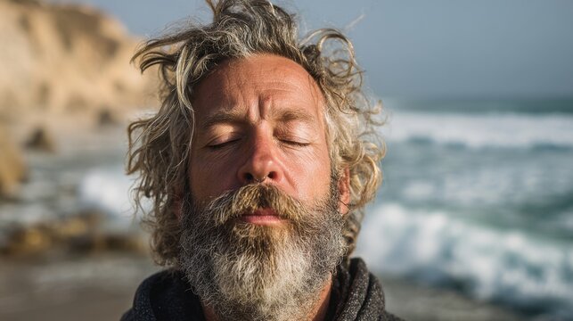 A man with curly hair and a beard is meditating peacefully by the ocean. Waves crash softly against the shore while the sun shines creating a tranquil atmosphere.