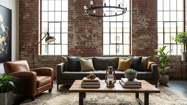 Urban loft apartment interior with exposed brick walls, modern furniture and city view windows