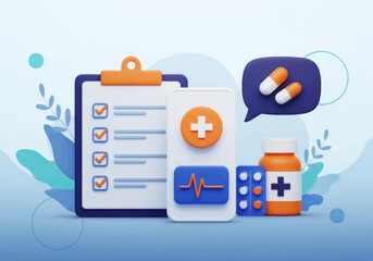 3D illustration of medical elements including a checklist, smartphone health app, pills, and medicine bottle, representing online healthcare, telemedicine, and digital medical services.
