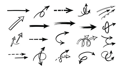 Hand-drawn arrow silhouettes set isolated on white background, Vector