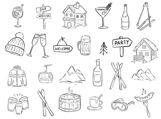Après Ski Line Art Icons Set – Winter Holiday, Ski Resort, Party & Mountain Illustration