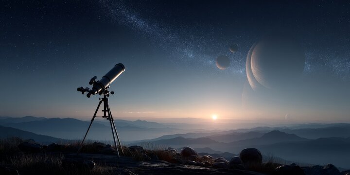 Stargazing: Telescope at Dawn: A solitary telescope perched atop a hill, gazing at the cosmos. capturing a view of the cosmos with celestial objects, the vastness of the universe. 