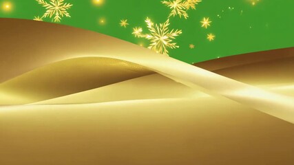 Animated golden ribbon waves moving across the frame with sparkling gold snowflakes falling from a vivid green screen sky, suitable for Christmas and winter themes - Powered by Adobe