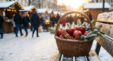 A wicker basket with fresh winter produce apples and cinnamon sticks in winter festival