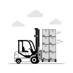 Forklift truck with a pallet of stacked cardboard boxes in motion, representing global shipping, warehouse logistics, and delivery services in a clean, minimalist flat illustration style.