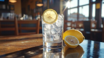 Refreshing gin and tonic with lemon slice on a wooden table in a bar, perfect for a summer drink or cocktail hour with friends