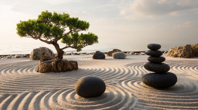 A serene scene depicts a zen garden featuring a bonsai tree smooth stones and rippled sand patterns. The calm sea and soft morning light create a peaceful atmosphere.