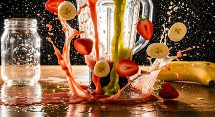 A chaotic splash of strawberry and banana smoothie exploding from a blender onto a wooden surface.