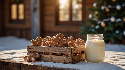 A wooden crate with gingerbread cookies and bottle of milk with Christmas tree families