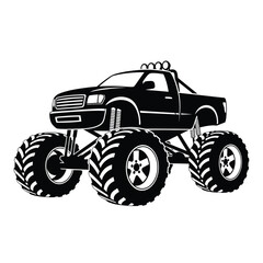 Monster truck vector illustration in black and white, featuring a powerful off-road vehicle with massive wheels and lifted suspension, ideal for extreme sports, heavy-duty themes, and design projects.
