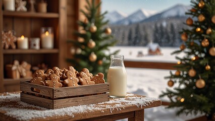 A wooden crate with gingerbread cookies and bottle of milk with Christmas tree families