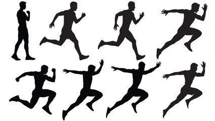 Dynamic male runner silhouette set showcasing various running phases, from starting position to full stride, ideal for sports, fitness, and motion graphics design.