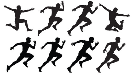 Set of black silhouette male runners and jumpers, showcasing dynamic athletic motion and physical activity on a clean background, ideal for sports design projects.