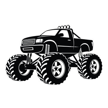 Monster truck vector illustration in black and white, featuring a powerful off-road vehicle with massive wheels and lifted suspension, ideal for extreme sports, heavy-duty themes, and design projects.