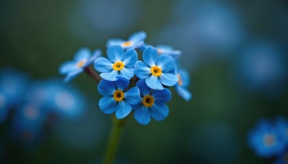 Close-up photo of delicate blue forget-me-not flowers with yellow centers. Beautiful floral arrangement with soft focus background. Natural eco botanical photo for design and prints.