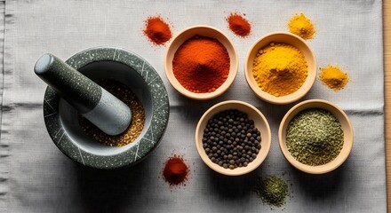 An assortment of colorful ground spices and whole peppercorns with a mortar and pestle on a cloth.