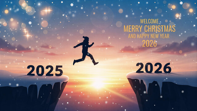 Welcome this joyful season of Merry Christmas and a Happy New Year 2026. A man leaps across the gap from the 2025 cliff to the 2026 cliff, set against a glowing sunset and twilight sky - Powered by Adobe