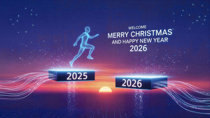 Merry Christmas and Happy New Year 2026 Digital Man Leaping Concept