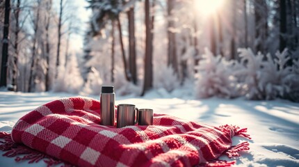 Blanket on snow with thermos and mug for a camp in winter forest