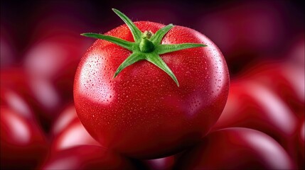 A close-up studio shot of a single, vibrant red tomato with water droplets on its surface, positioned in front of a blurred background of more tomatoes. The lig
