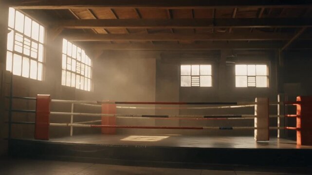 A solitary boxing ring stands empty in a gritty, industrial gymnasium, with sunbeams piercing through the dusty, atmospheric haze